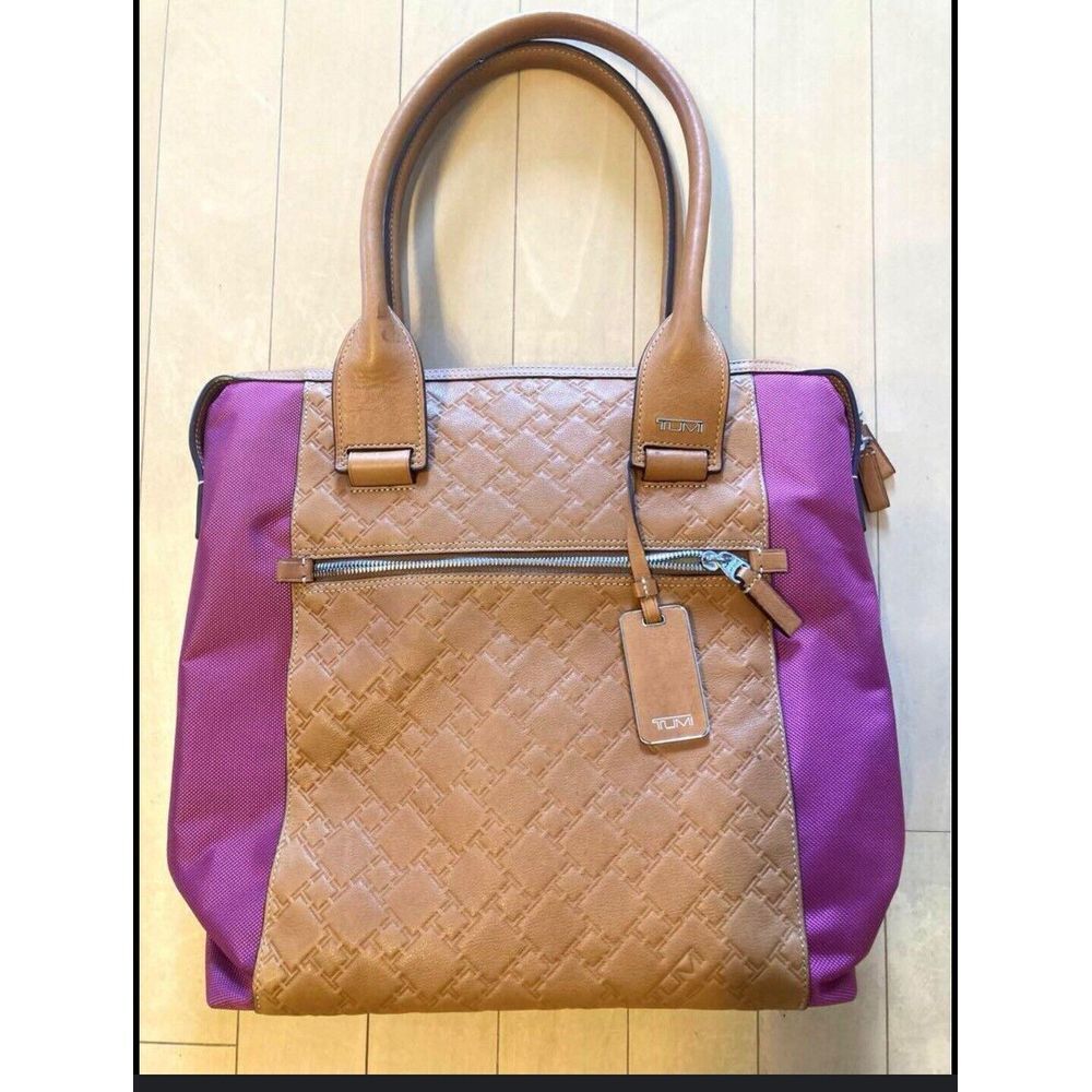 Tumi Tote Bag Tan Embossed Leather Purple Nylon Monogram Travel‎ Work Bag